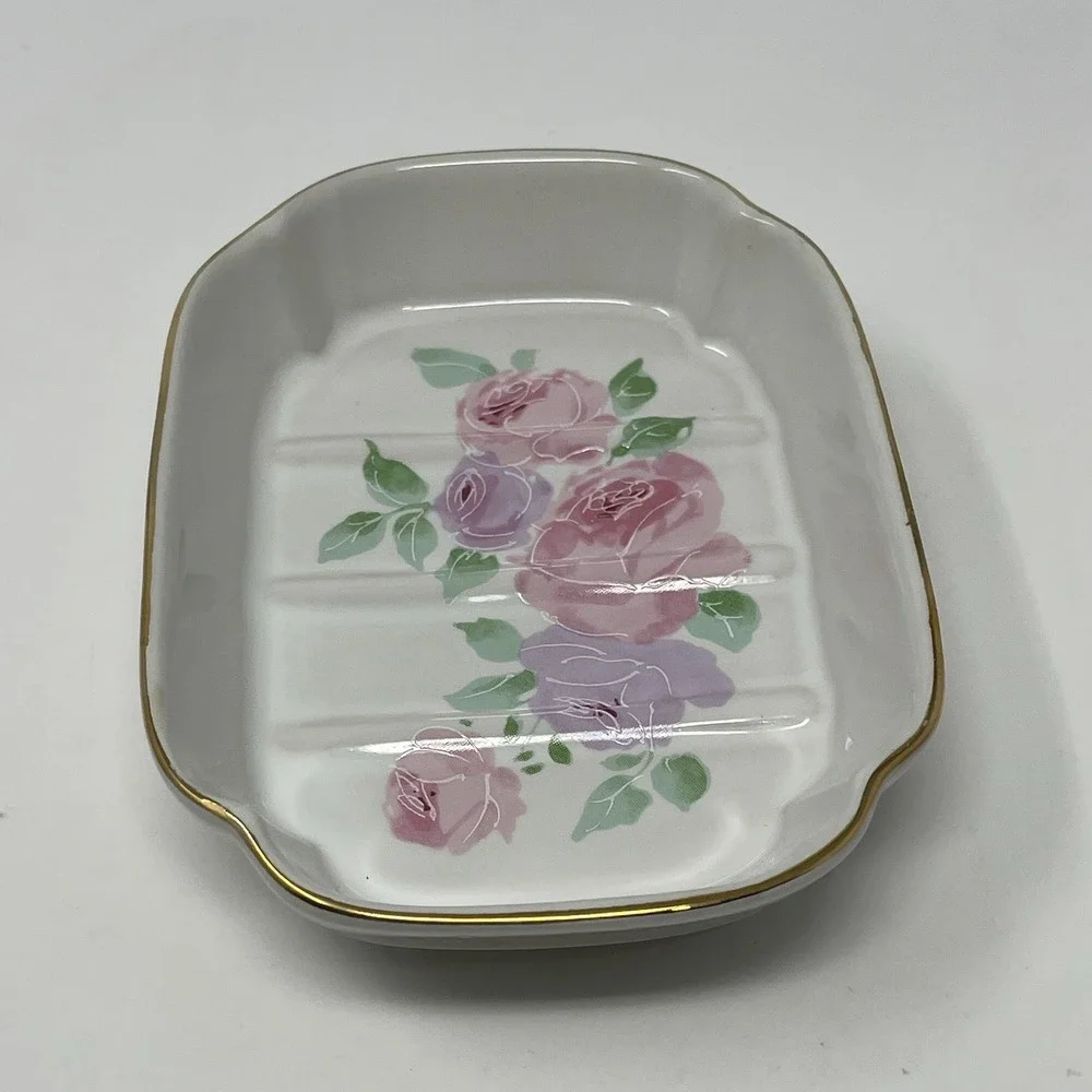 Vintage Ceramic Soap Dish Pink Purple Roses Gold Trim Made in Japan Vanity Tray